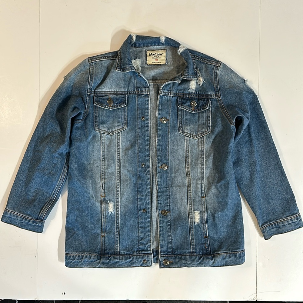 Distressed Denim Jean Jacket Boys Size 10/12 - 160 cm Snap Button EUC